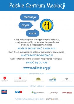  Plakat promujący akcję "Mediacja czyni cuda"